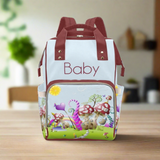 Personalize Optional - Designer Baby Bag With Gnome Mushroom Village - Waterproof Multifunction Backpack