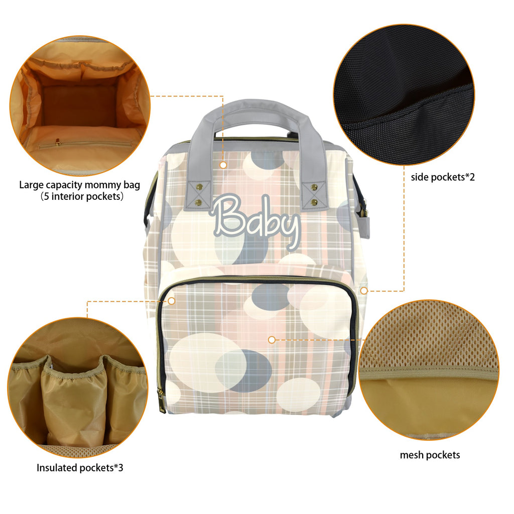Diaper Bag Backpack With Boho Polka Dots and Plaid Pattern - Large Capacity - Waterproof - Insulated