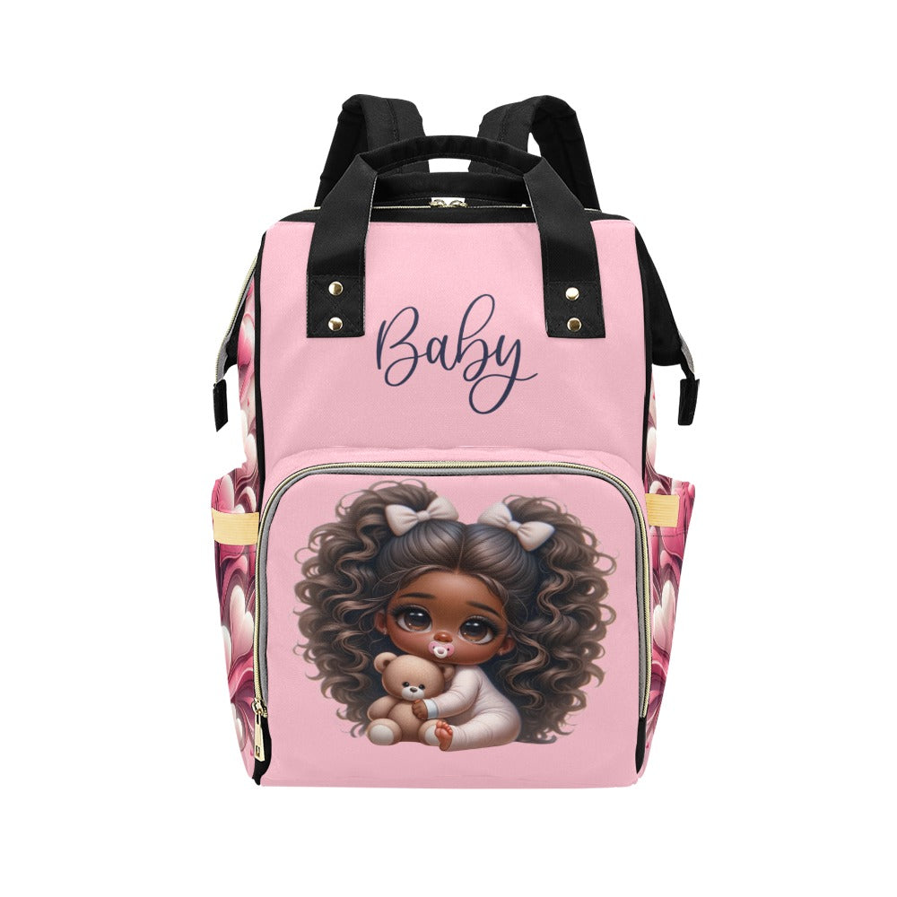 Baby Girl African American Puffy Pigtails in PJs Hearts Diaper Backpack
