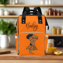 Load image into Gallery viewer, Designer Diaper Bag - Ethnic African American Baby Girl - Orange Multi-Function Backpack