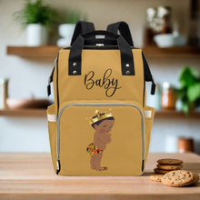 Load image into Gallery viewer, Designer Diaper Bag - Ethnic King African American Baby Boy - Khaki Gold Multi-Function Backpack