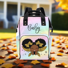 Load image into Gallery viewer, Cutest African American Baby Girl Gold Glitter Angel Custom Diaper Bag - Black Multi-Function Backpack