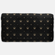 Load image into Gallery viewer, Designer Jersey Fitted Crib Sheet - Gold Crowns on Black