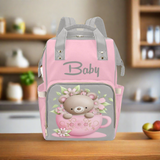 Designer Baby Bag With Cuddly Pink Teddy Bear In Tea Cup - Waterproof Multifunction Backpack Bag