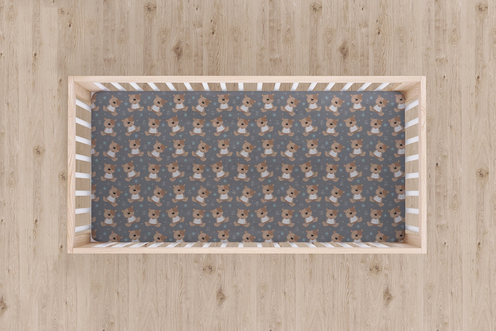 Designer Jersey Fitted Crib Sheet - Teddy Bears on Gray