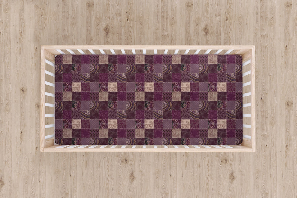Designer Jersey Fitted Crib Sheet - Purple and Tan Quilt-Like Plaid