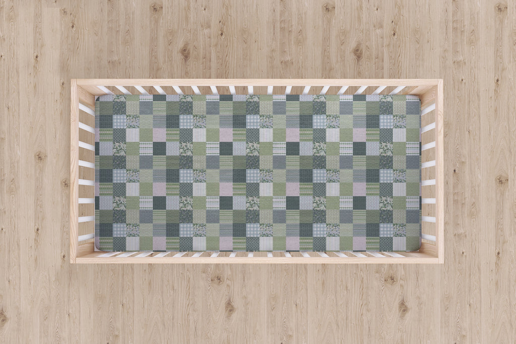 Designer Jersey Fitted Crib Sheet - Green Quilt-Like Plaid Design