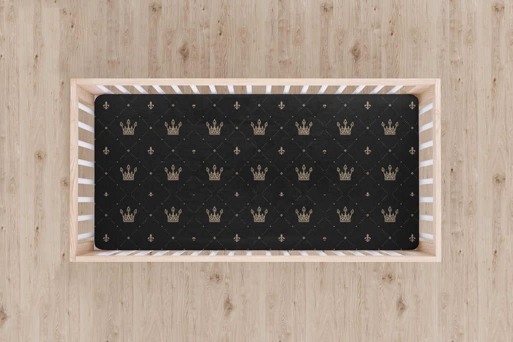 Designer Jersey Fitted Crib Sheet - Gold Crowns on Black