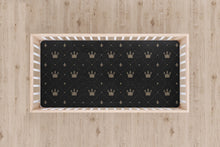 Load image into Gallery viewer, Designer Jersey Fitted Crib Sheet - Gold Crowns on Black