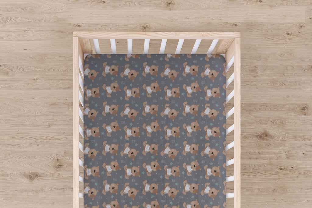 Designer Jersey Fitted Crib Sheet - Teddy Bears on Gray