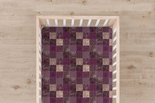 Load image into Gallery viewer, Designer Jersey Fitted Crib Sheet - Purple and Tan Quilt-Like Plaid
