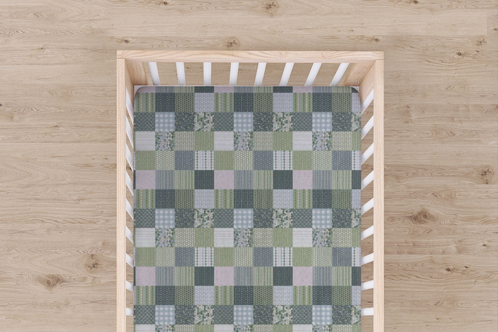 Designer Jersey Fitted Crib Sheet - Green Quilt-Like Plaid Design