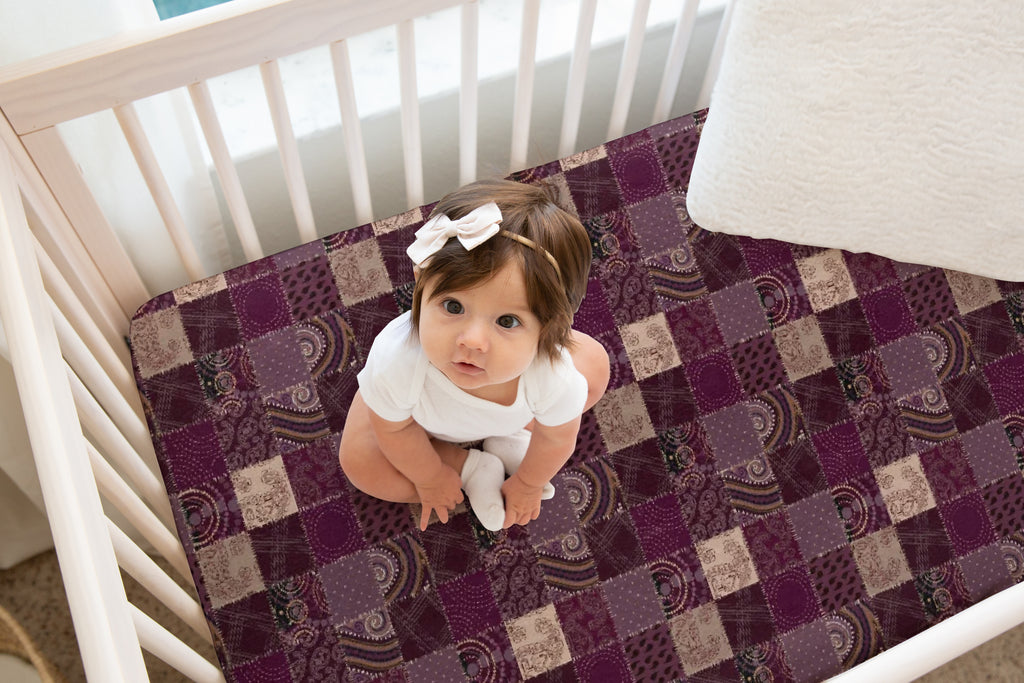 Designer Jersey Fitted Crib Sheet - Purple and Tan Quilt-Like Plaid