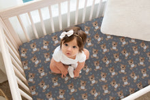 Load image into Gallery viewer, Designer Jersey Fitted Crib Sheet - Teddy Bears on Gray
