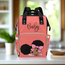 Load image into Gallery viewer, Designer Diaper Bag - African American Baby Girl With Afro Pigtails Coral Multi-Function Backpack