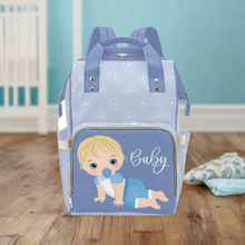 Load image into Gallery viewer, Custom Diaper Bag - Backpack Diaper Bag - Cute Blonde Baby Boy In Blue Diaper Bag