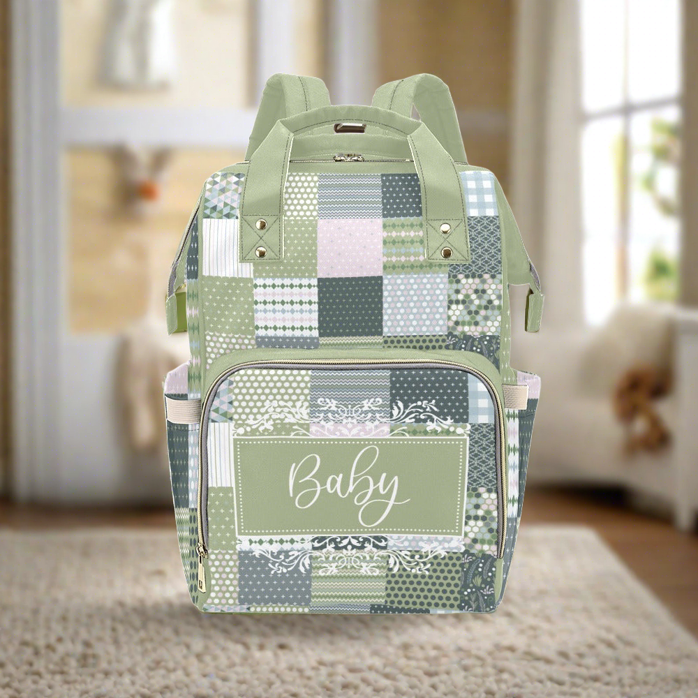 Personalized Patchwork Soft Green With Personalized Name Label Multi-Function Backpack