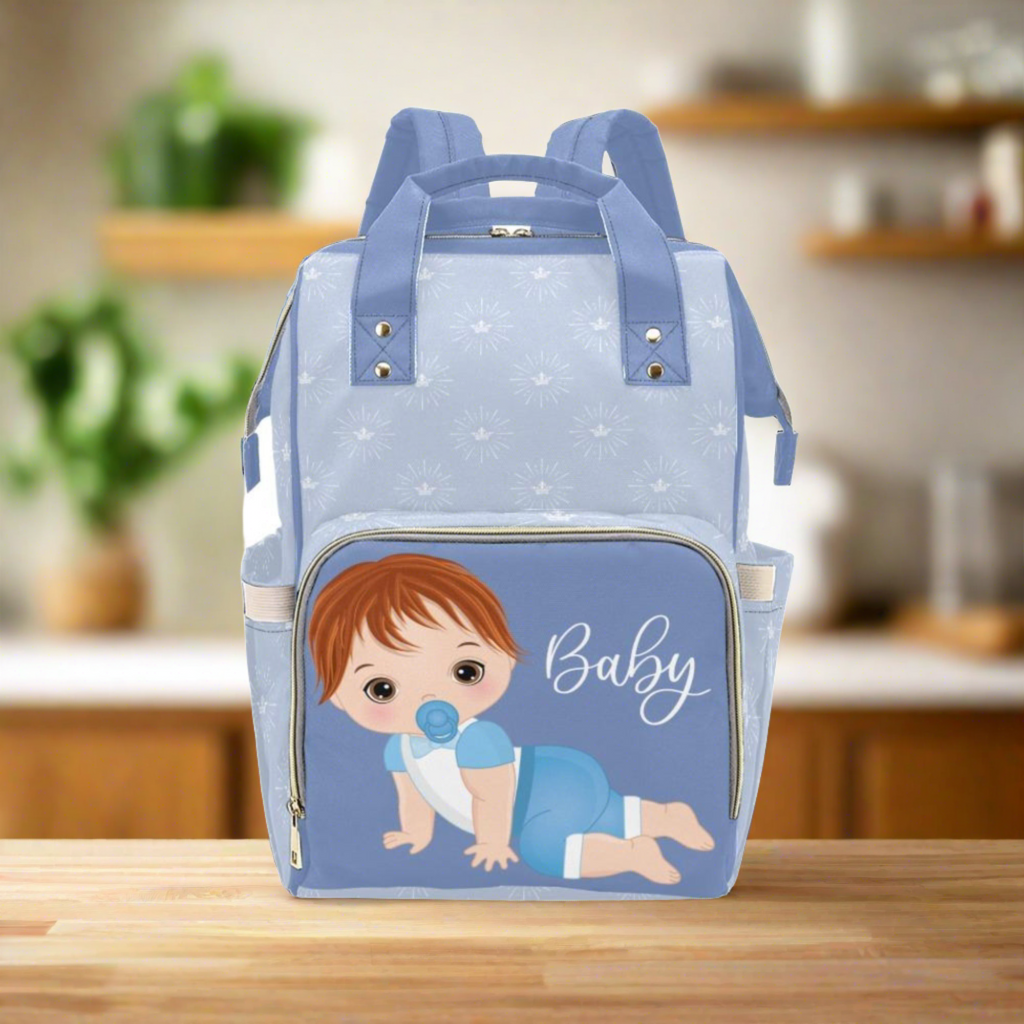 Custom Diaper Bag - Backpack Diaper Bag - Cute Redhead Baby Boy In Blue Diaper Bag
