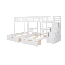 Load image into Gallery viewer, Full Over Twin & Twin Bunk Bed, Wood Triple Bunk Bed with Drawers and Guardrails (White)