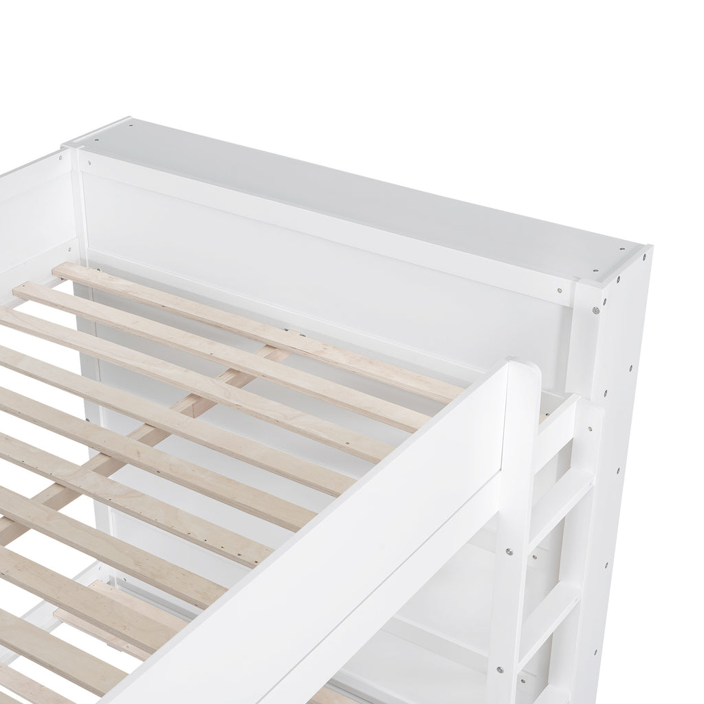 Full over Full Bunk Bed With 2 Drawers and Multi-layer Cabinet, White