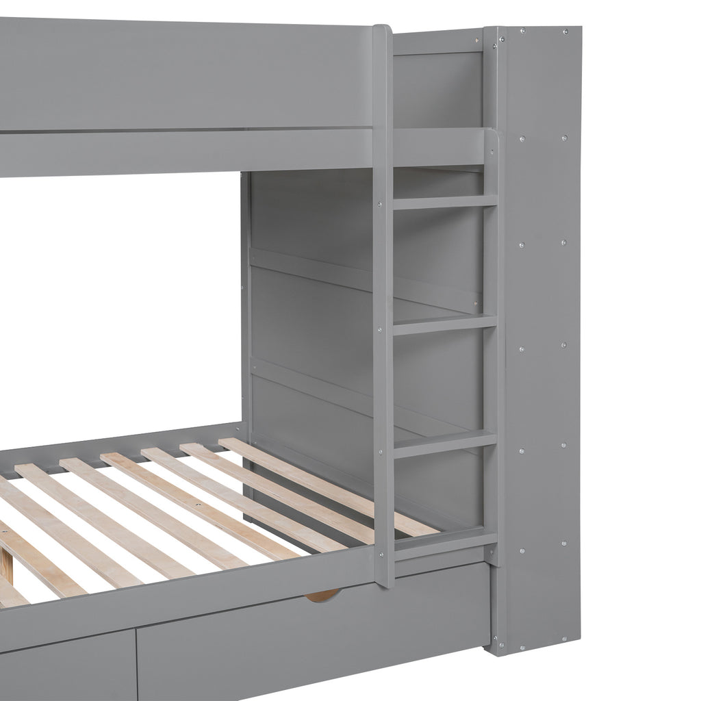 Full over Full Bunk Bed With 2 Drawers and Multi-layer Cabinet, Gray
