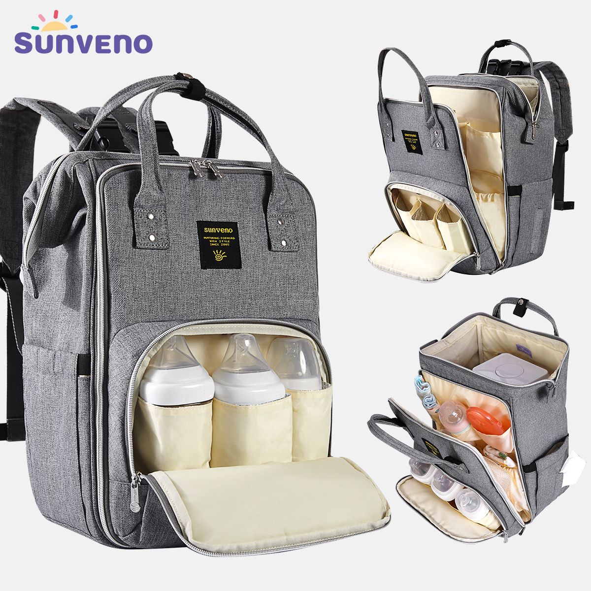 baby diaper bag backpack multi-function waterproof travel Sunveno Baby Diaper Backpack A Perfect Mommy Diaper Bag, Gray