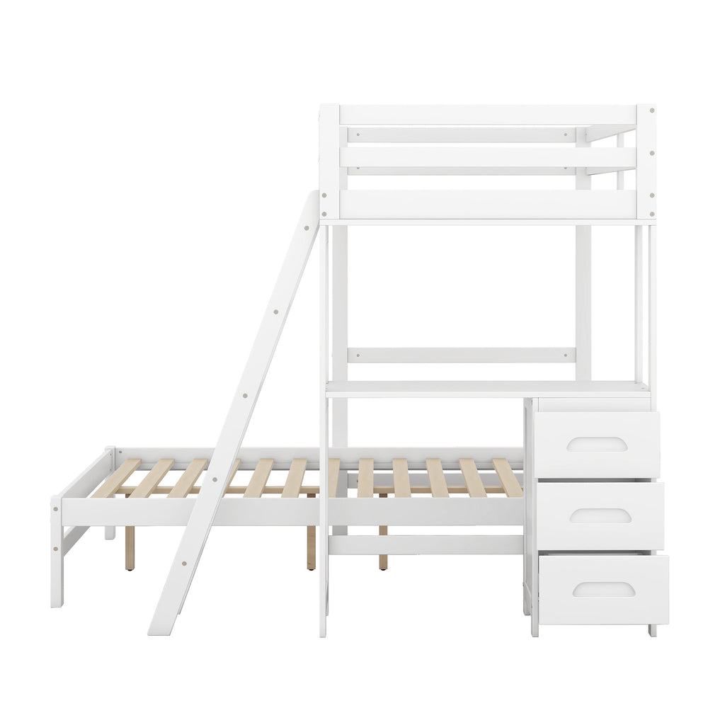 Twin over Full Bunk Bed with Built-in Desk and Three Drawers,White
