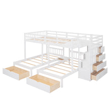 Load image into Gallery viewer, Full Over Twin & Twin Bunk Bed, Wood Triple Bunk Bed with Drawers and Guardrails (White)