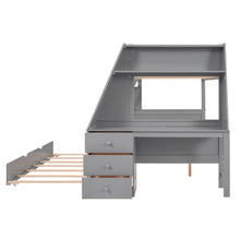 Load image into Gallery viewer, Twin over Full Bunk Bed with Trundle and Built-in Desk, Three Storage Drawers and Shelf,Gray