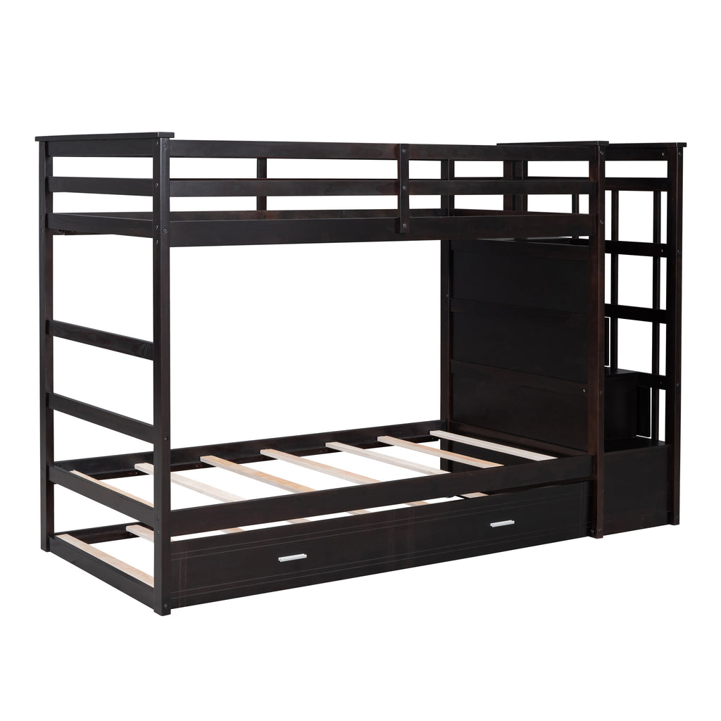 Twin Over Twin Bunk Bed with Trundle and Staircase, Espresso
