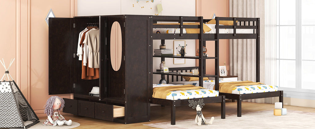 Full-Over-Twin-Twin Bunk Bed with Shelves, Wardrobe and Mirror, Espresso