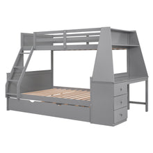 Load image into Gallery viewer, Twin over Full Bunk Bed with Trundle and Built-in Desk, Three Storage Drawers and Shelf,Gray