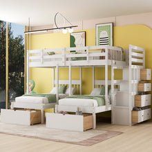 Load image into Gallery viewer, Full Over Twin & Twin Bunk Bed, Wood Triple Bunk Bed with Drawers and Guardrails (White)