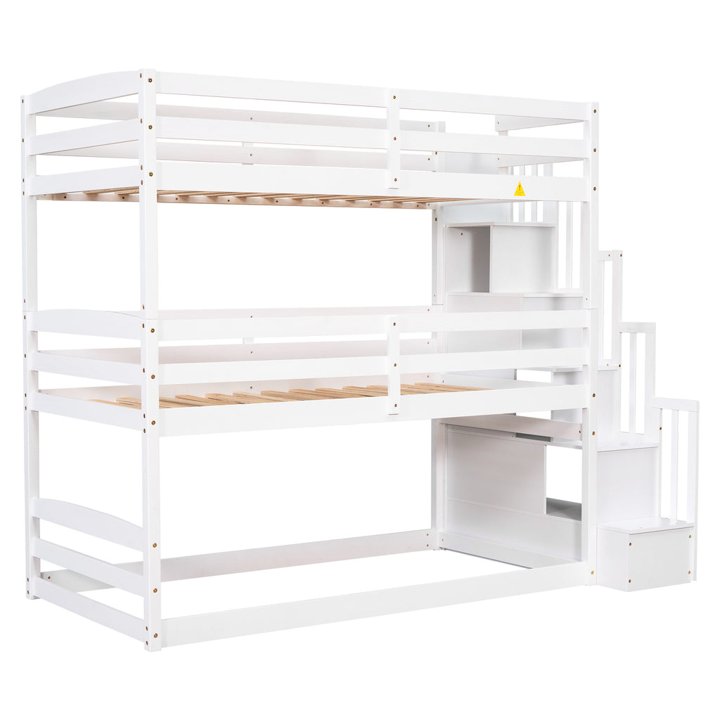 Twin Size Triple Bunk Bed with Storage Staircase, Separate Design, White
