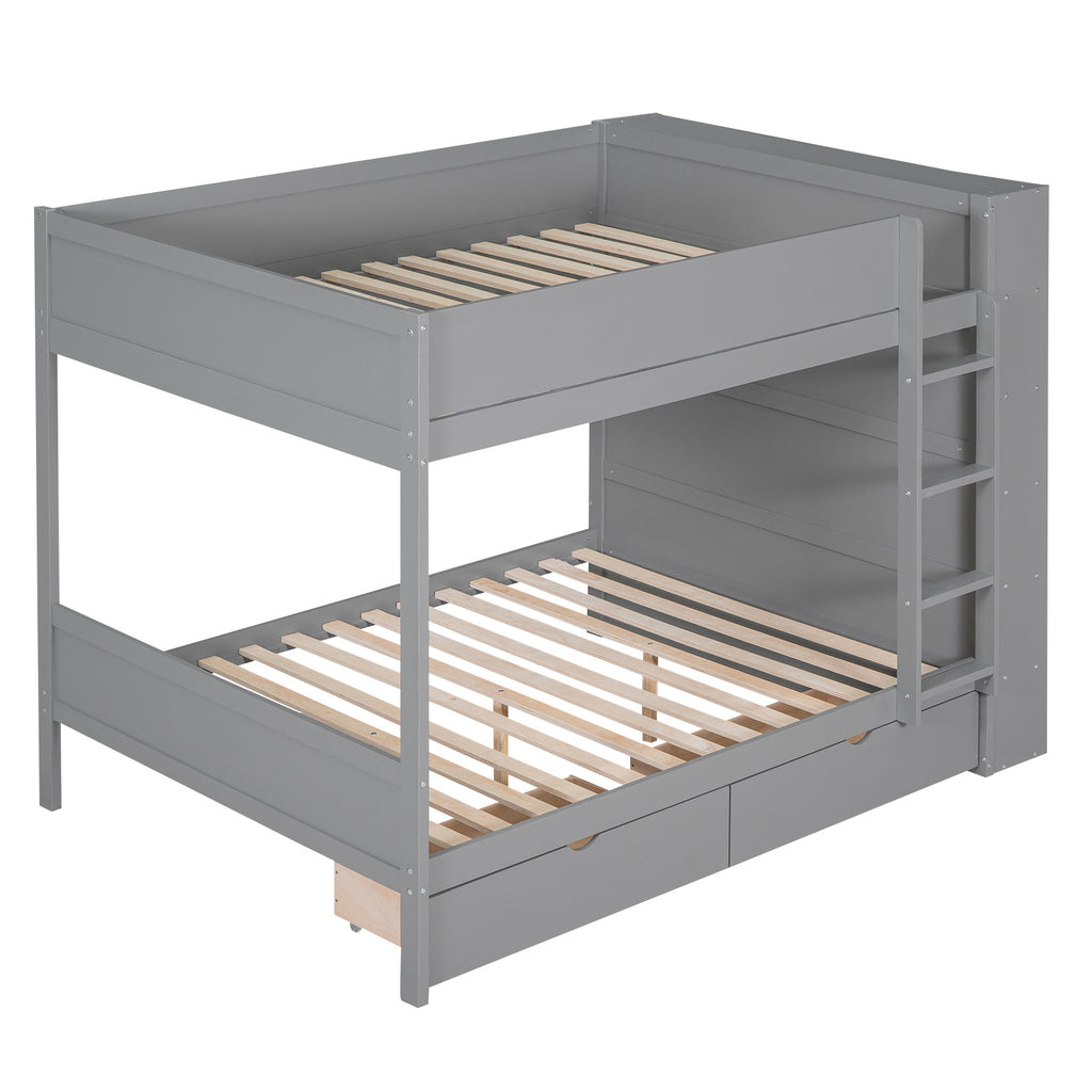 Full over Full Bunk Bed With 2 Drawers and Multi-layer Cabinet, Gray