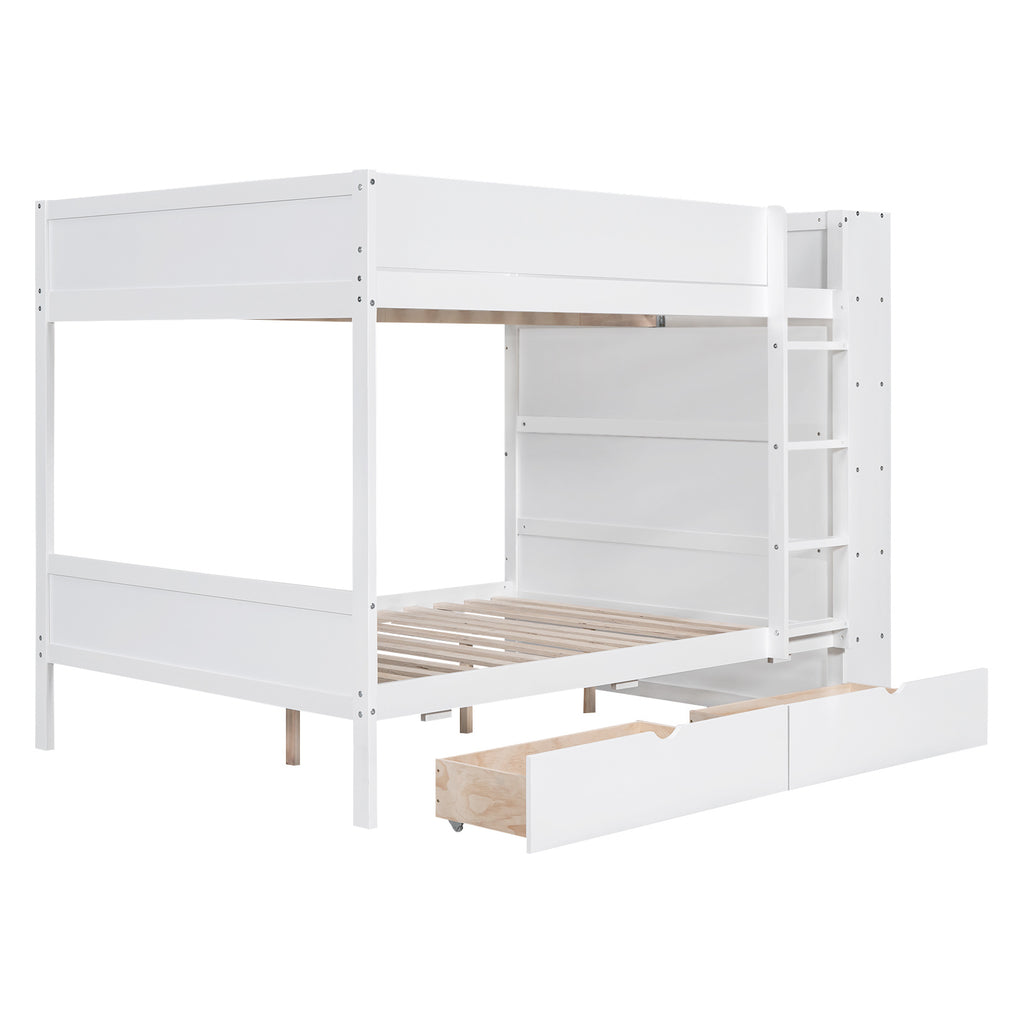 Full over Full Bunk Bed With 2 Drawers and Multi-layer Cabinet, White
