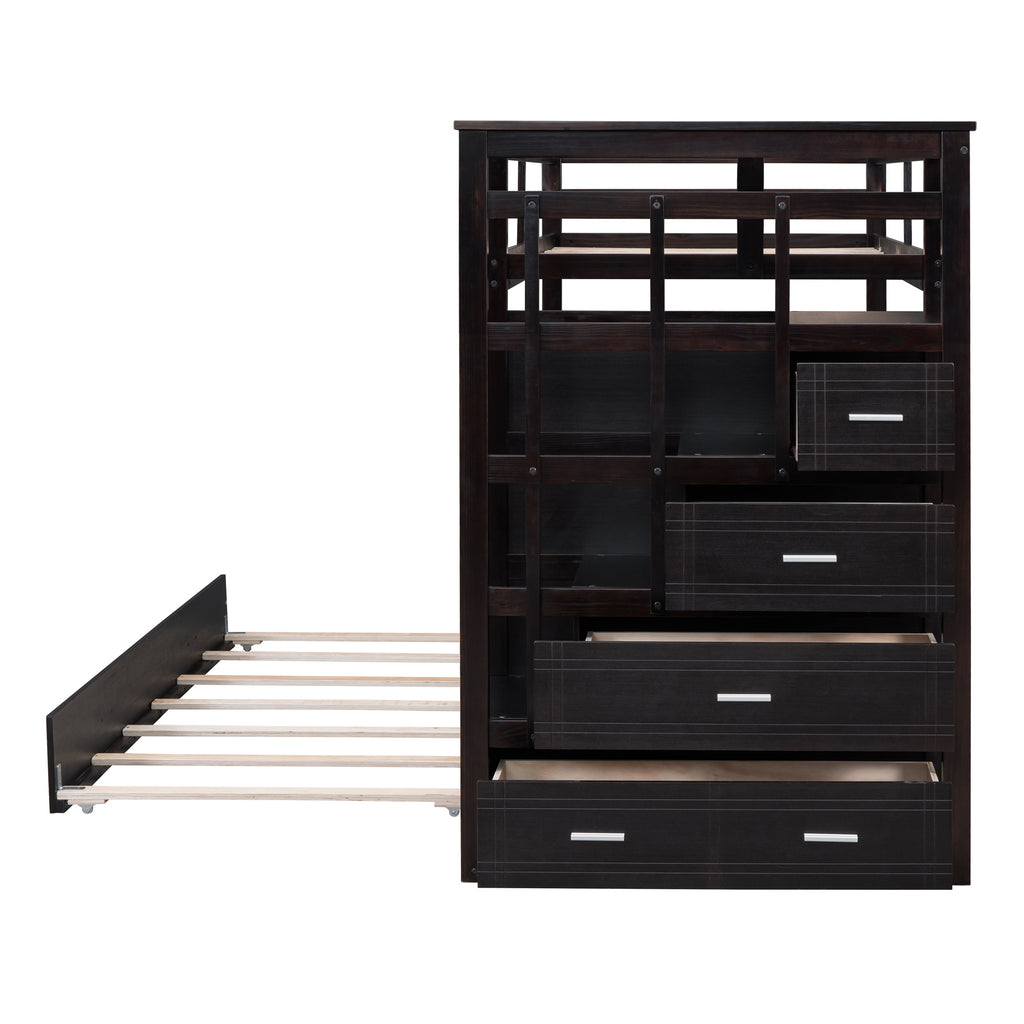 Twin Over Twin Bunk Bed with Trundle and Staircase, Espresso