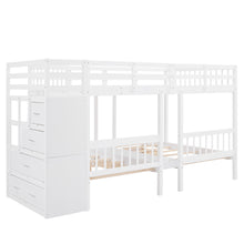 Load image into Gallery viewer, Full Over Twin & Twin Bunk Bed, Wood Triple Bunk Bed with Drawers and Guardrails (White)