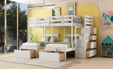 Load image into Gallery viewer, Full Over Twin & Twin Bunk Bed, Wood Triple Bunk Bed with Drawers and Guardrails (White)