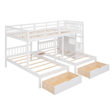 Load image into Gallery viewer, Full Over Twin & Twin Bunk Bed, Wood Triple Bunk Bed with Drawers and Guardrails (White)
