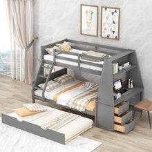 Load image into Gallery viewer, Twin over Full Bunk Bed with Trundle and Built-in Desk, Three Storage Drawers and Shelf,Gray