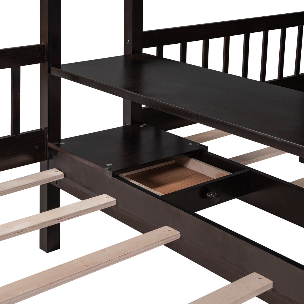 Full-Over-Twin-Twin Bunk Bed with Shelves, Wardrobe and Mirror, Espresso