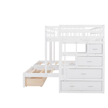 Load image into Gallery viewer, Full Over Twin & Twin Bunk Bed, Wood Triple Bunk Bed with Drawers and Guardrails (White)
