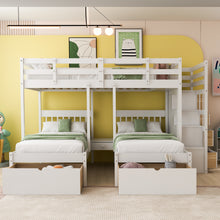 Load image into Gallery viewer, Full Over Twin & Twin Bunk Bed, Wood Triple Bunk Bed with Drawers and Guardrails (White)
