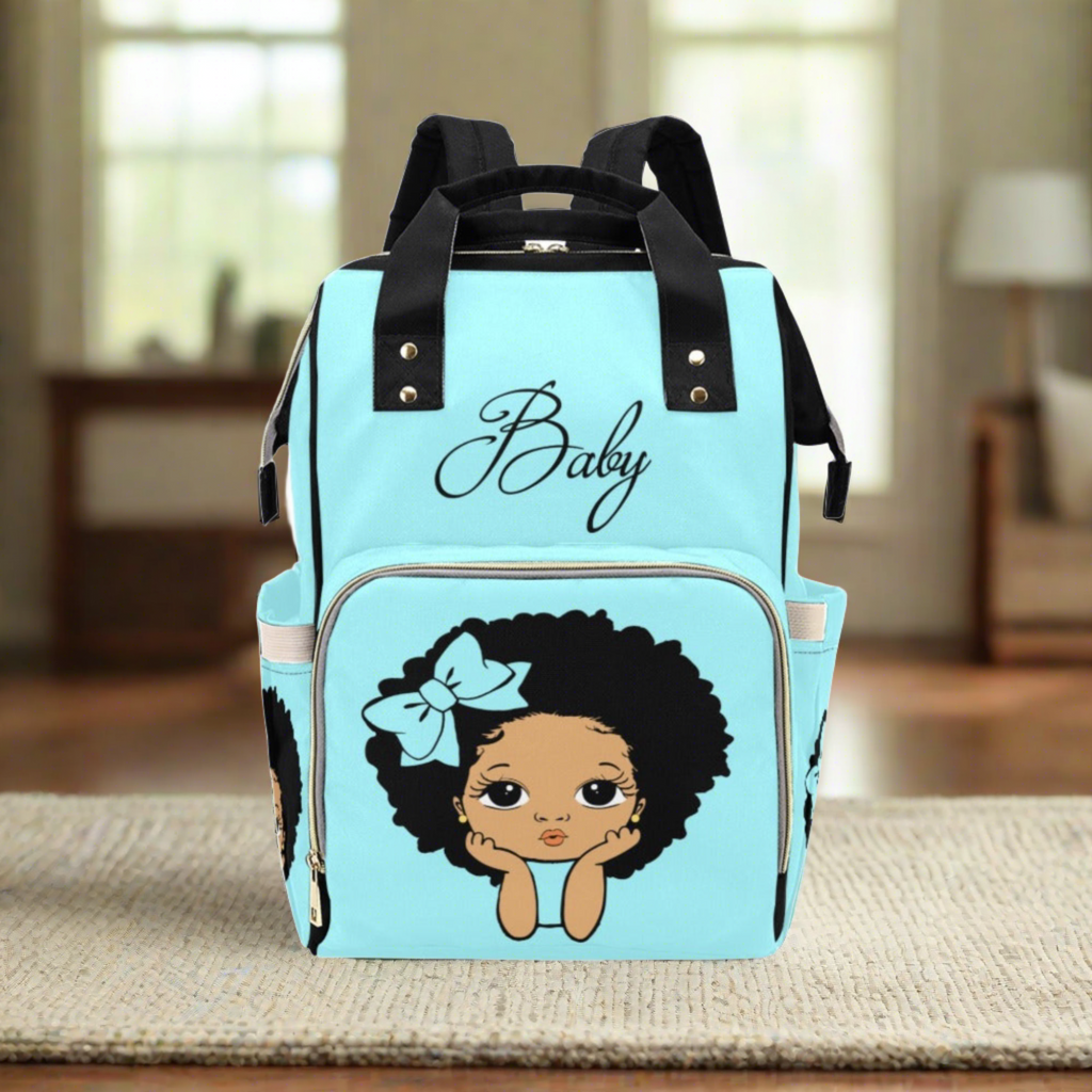 Designer Diaper Bag Lighter Skin African American Girl Electric Blue Waterproof Diaper Bag Backpack