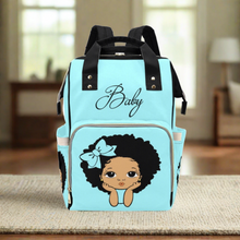 Load image into Gallery viewer, Designer Diaper Bag Lighter Skin African American Girl Electric Blue Waterproof Diaper Bag Backpack