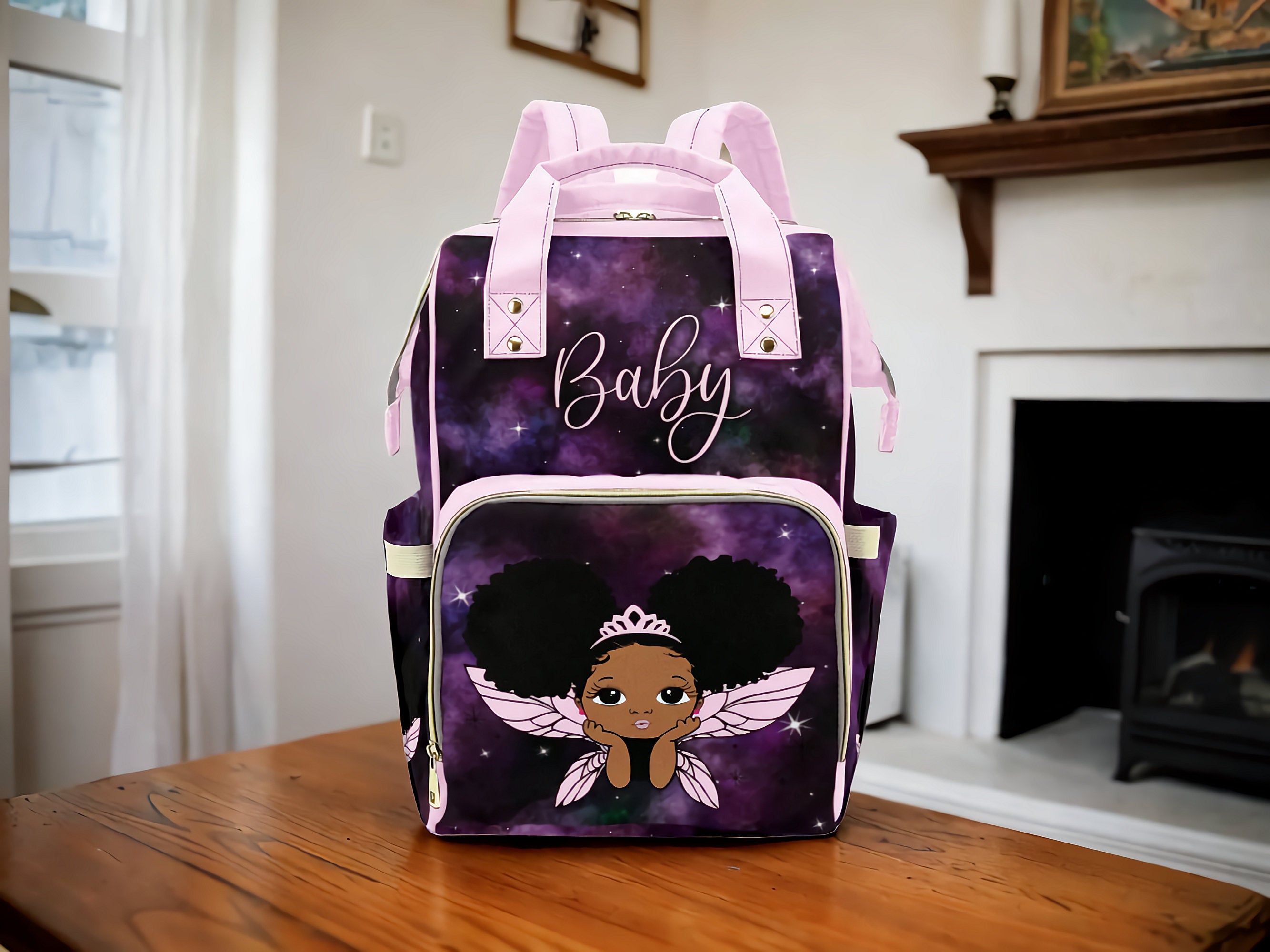 Adorable African American Baby Girl With Pink Bow On Coral Diaper Bag