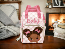 Load image into Gallery viewer, Cute African American Baby Girl With Natural Pigtails And Pink Bows On Tufted Design Diaper Bag Backpack