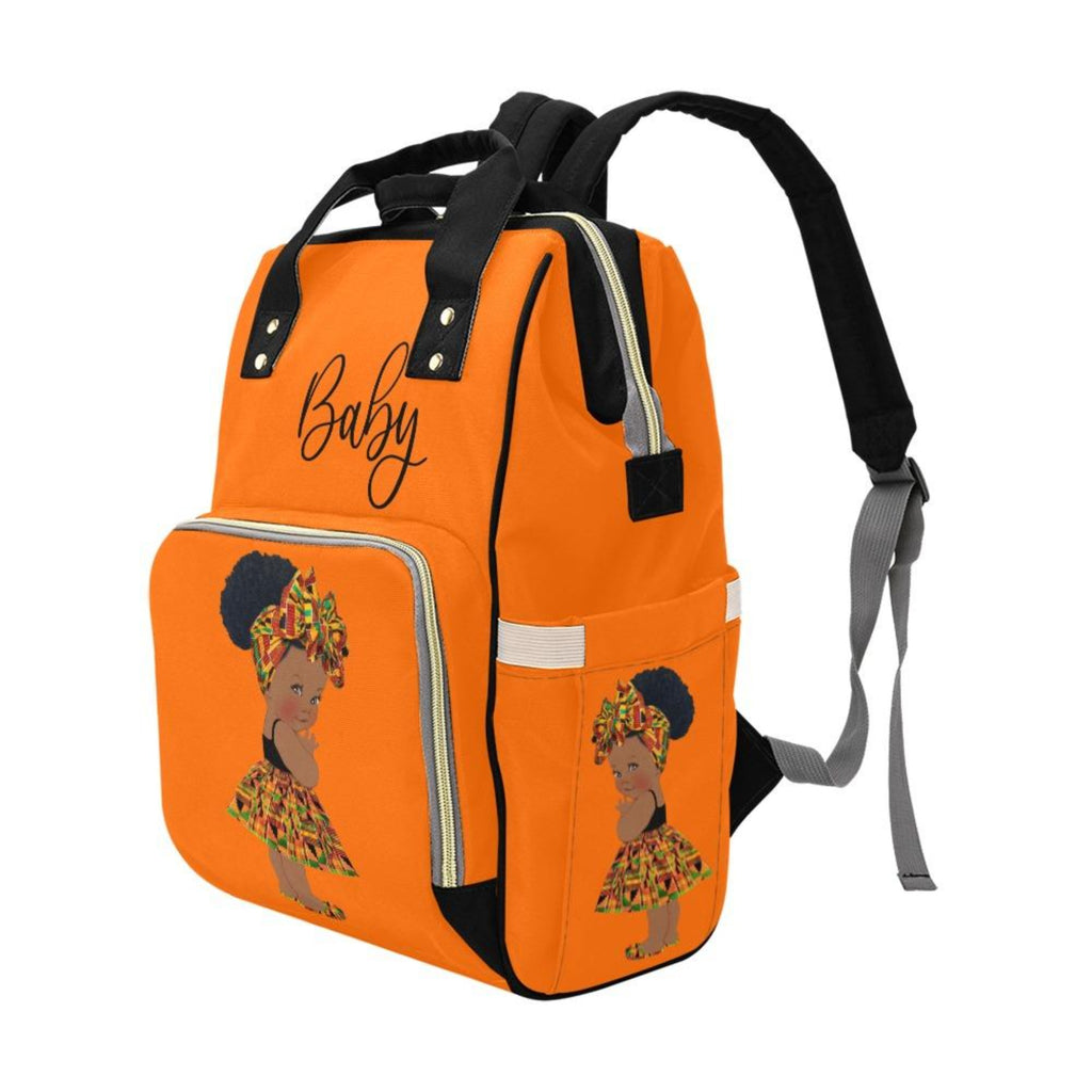 Designer Diaper Bag - Ethnic African American Baby Girl - Orange Multi-Function Backpack