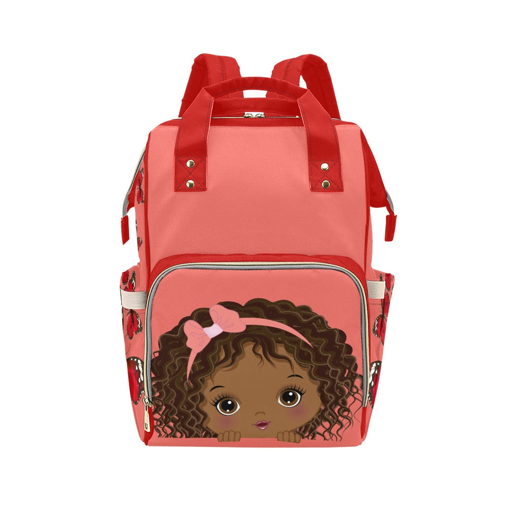Adorable African American Baby Girl With Pink Bow On Coral Diaper Bag Backpack